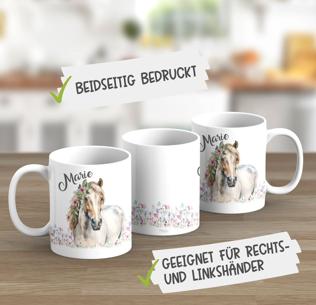 Keramik Tasse Pferd mit Blumen und Wunschname - von Mikalino