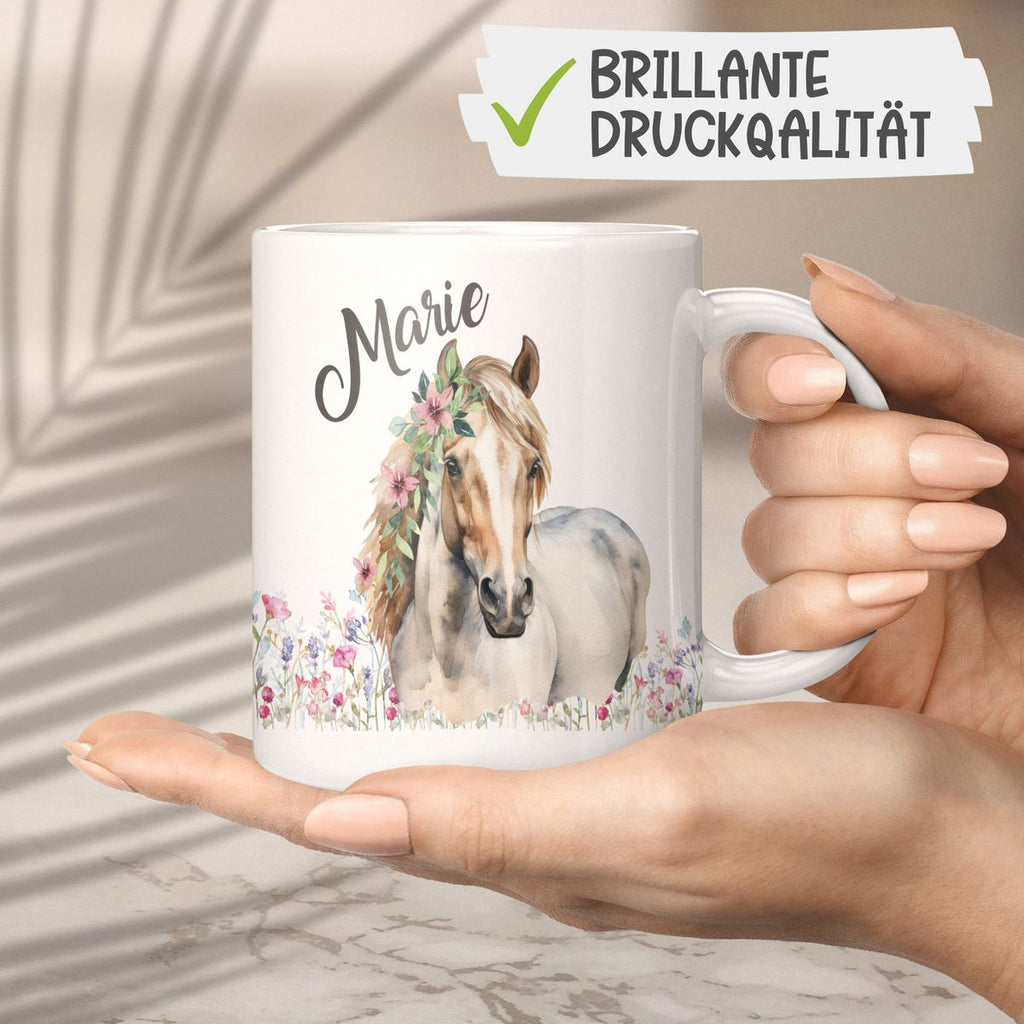 Keramik Tasse Pferd mit Blumen und Wunschname - von Mikalino