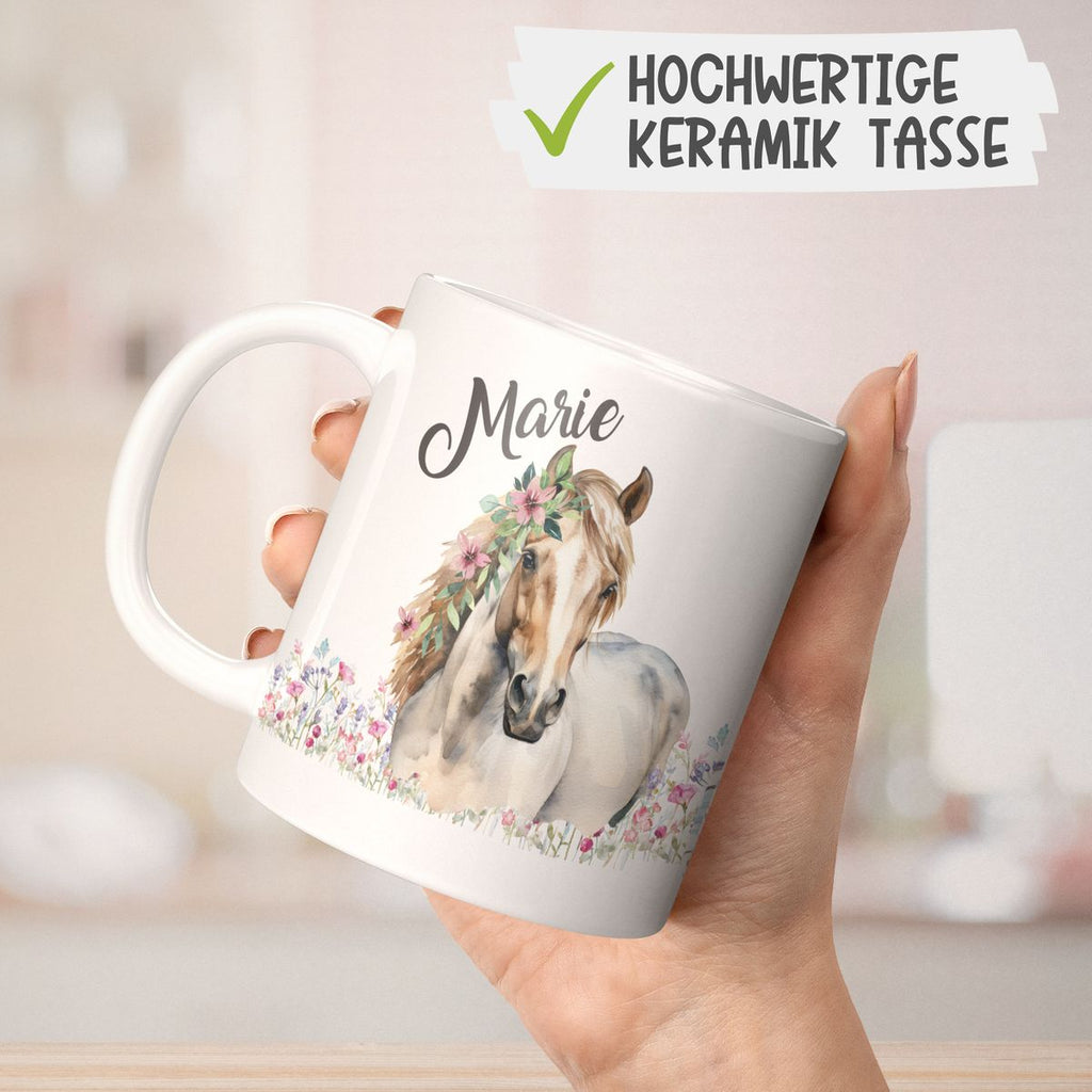 Keramik Tasse Pferd mit Blumen und Wunschname - von Mikalino