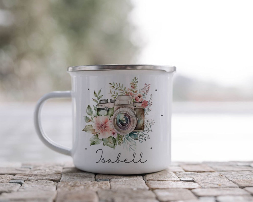 Emaille Tasse Kamera mit Blumen mit Wunschname - von Mikalino