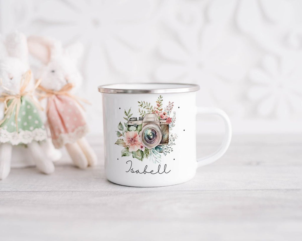 Emaille Tasse Kamera mit Blumen mit Wunschname - von Mikalino