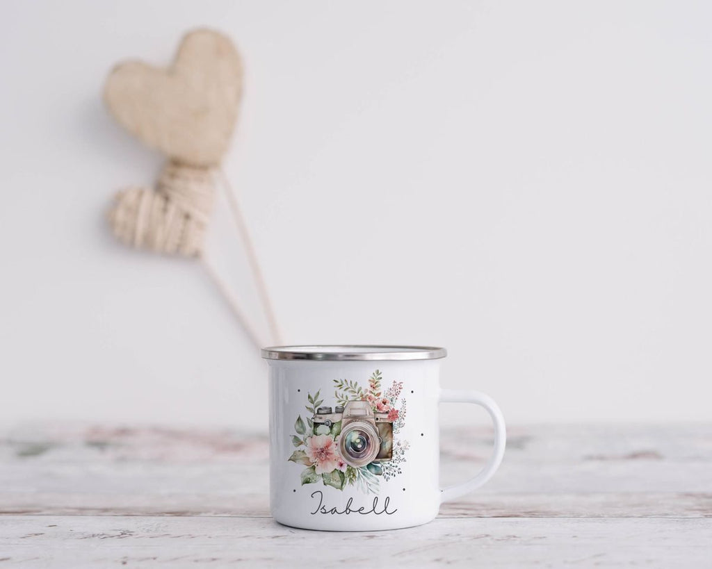 Emaille Tasse Kamera mit Blumen mit Wunschname - von Mikalino