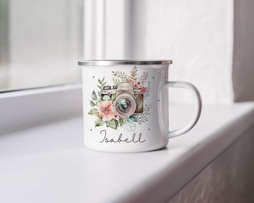 Emaille Tasse Kamera mit Blumen mit Wunschname - von Mikalino