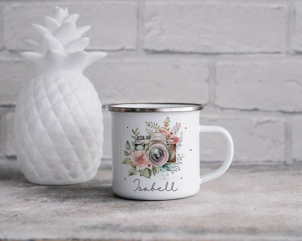 Emaille Tasse Kamera mit Blumen mit Wunschname - von Mikalino