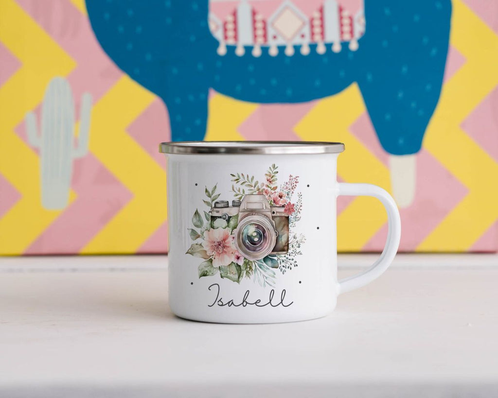 Emaille Tasse Kamera mit Blumen mit Wunschname - von Mikalino