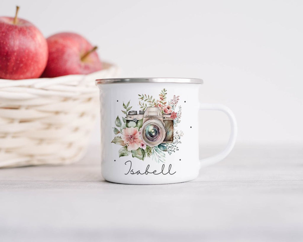 Emaille Tasse Kamera mit Blumen mit Wunschname - von Mikalino