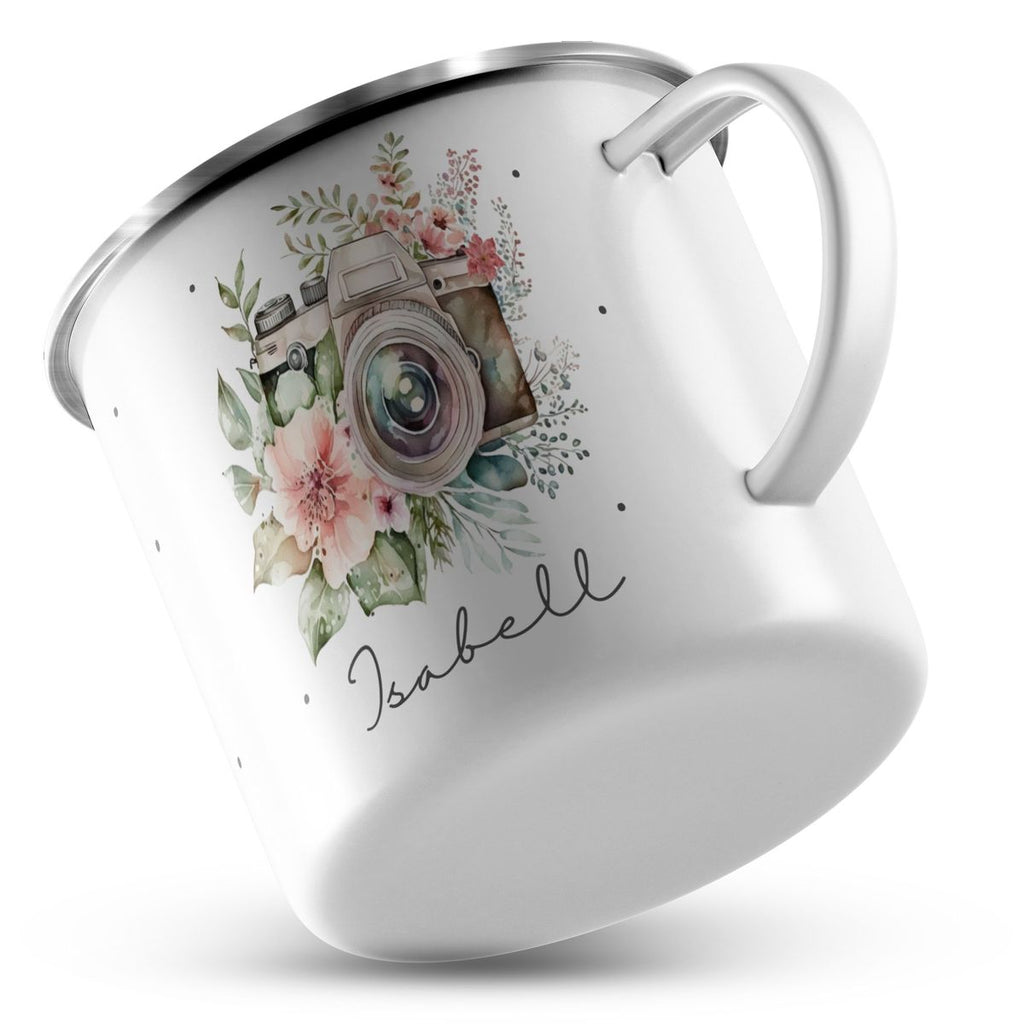 Emaille Tasse Kamera mit Blumen mit Wunschname - von Mikalino