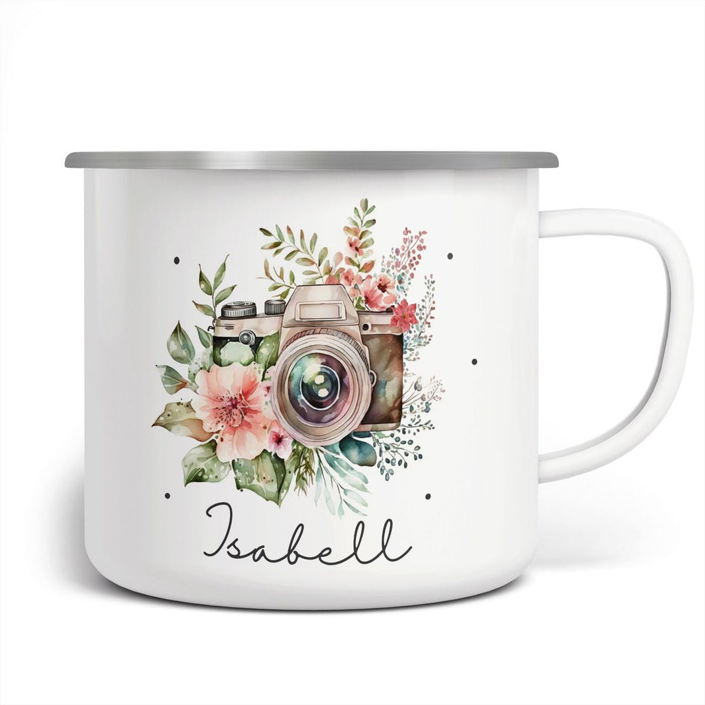 Emaille Tasse Kamera mit Blumen mit Wunschname - von Mikalino