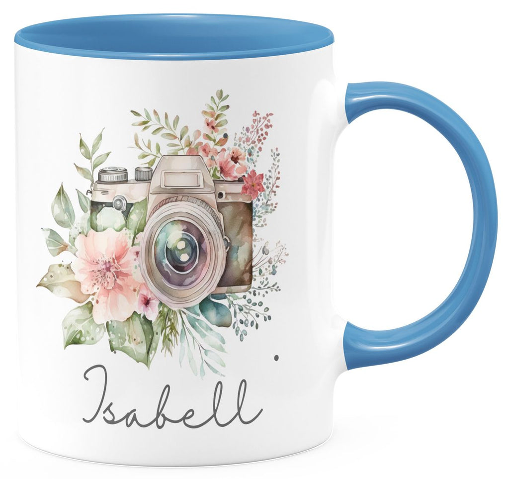 Keramik Tasse Kamera mit Blumen mit Wunschname - von Mikalino