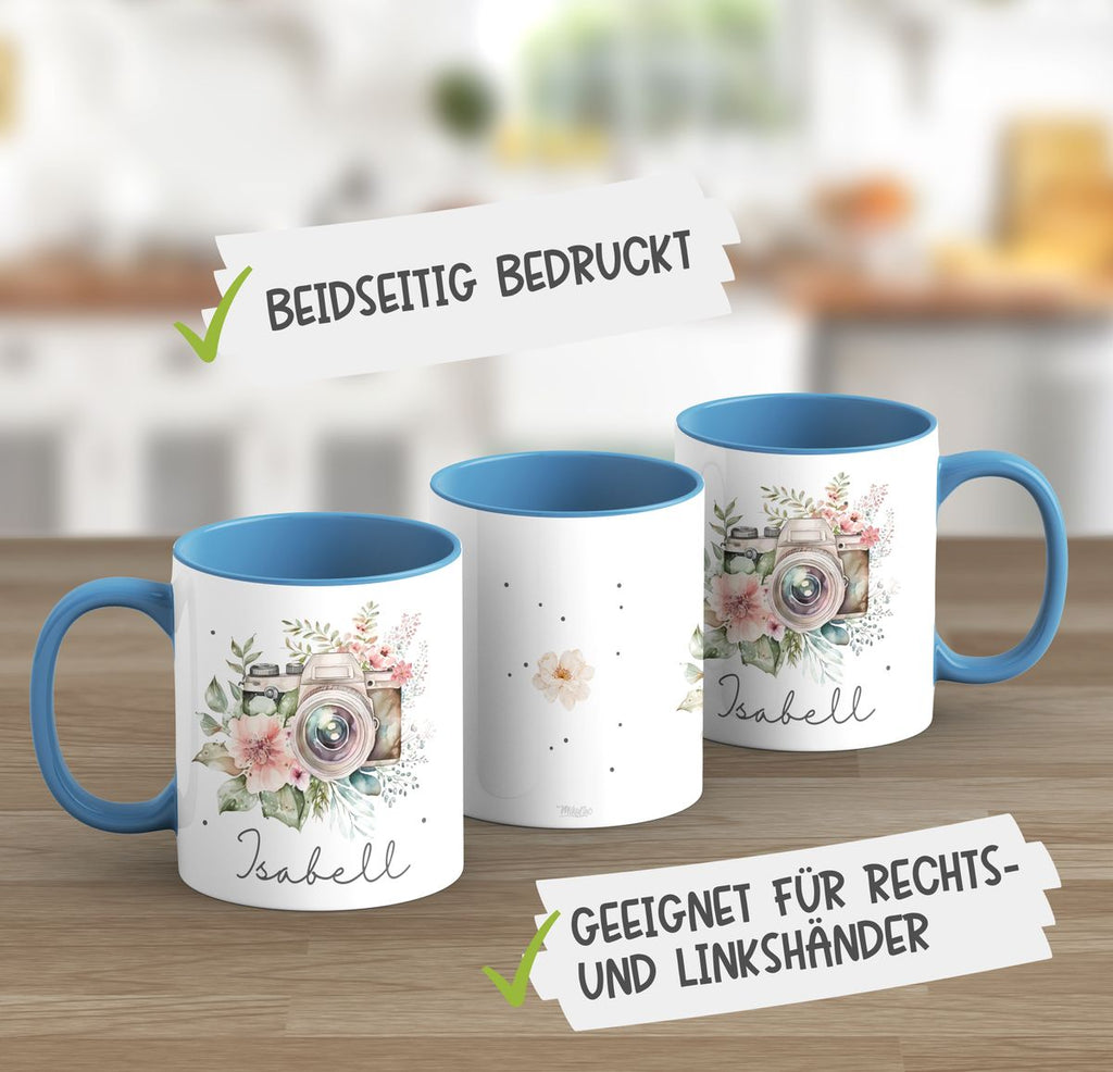 Keramik Tasse Kamera mit Blumen mit Wunschname - von Mikalino