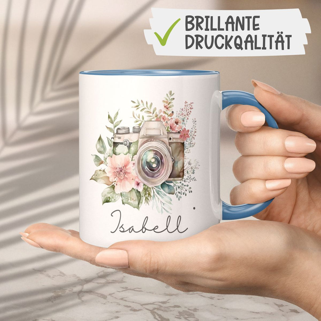 Keramik Tasse Kamera mit Blumen mit Wunschname - von Mikalino