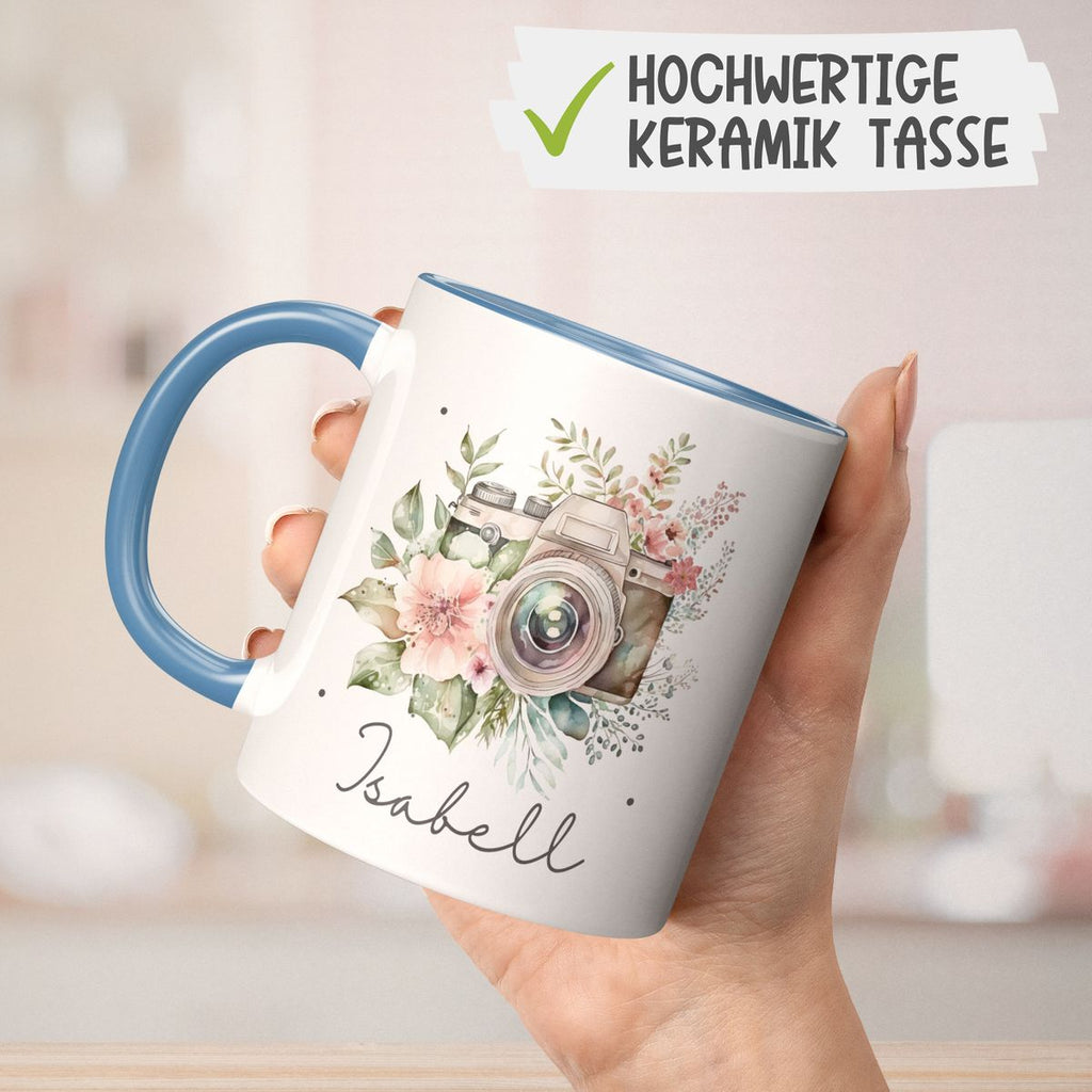 Keramik Tasse Kamera mit Blumen mit Wunschname - von Mikalino