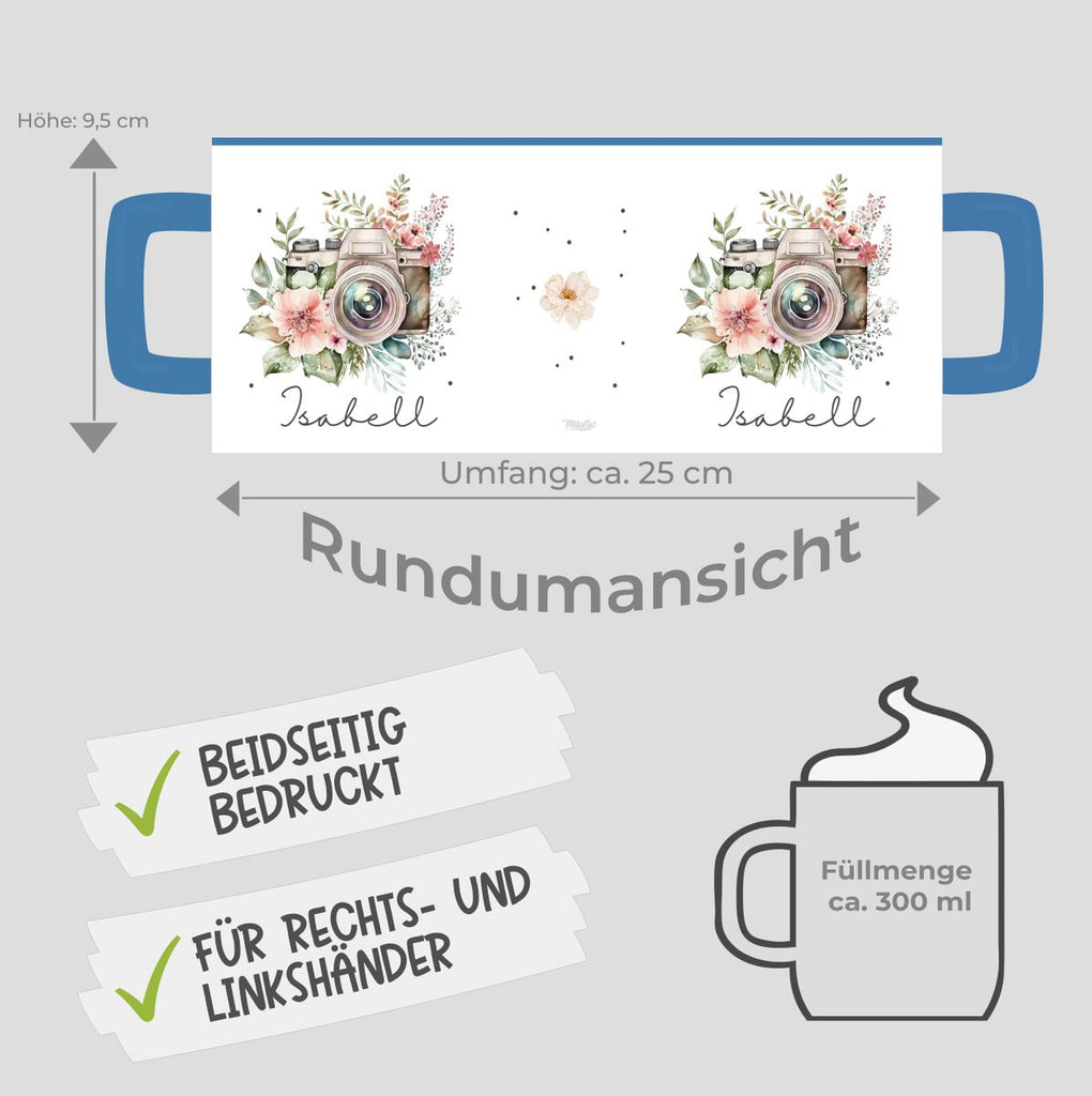 Keramik Tasse Kamera mit Blumen mit Wunschname - von Mikalino