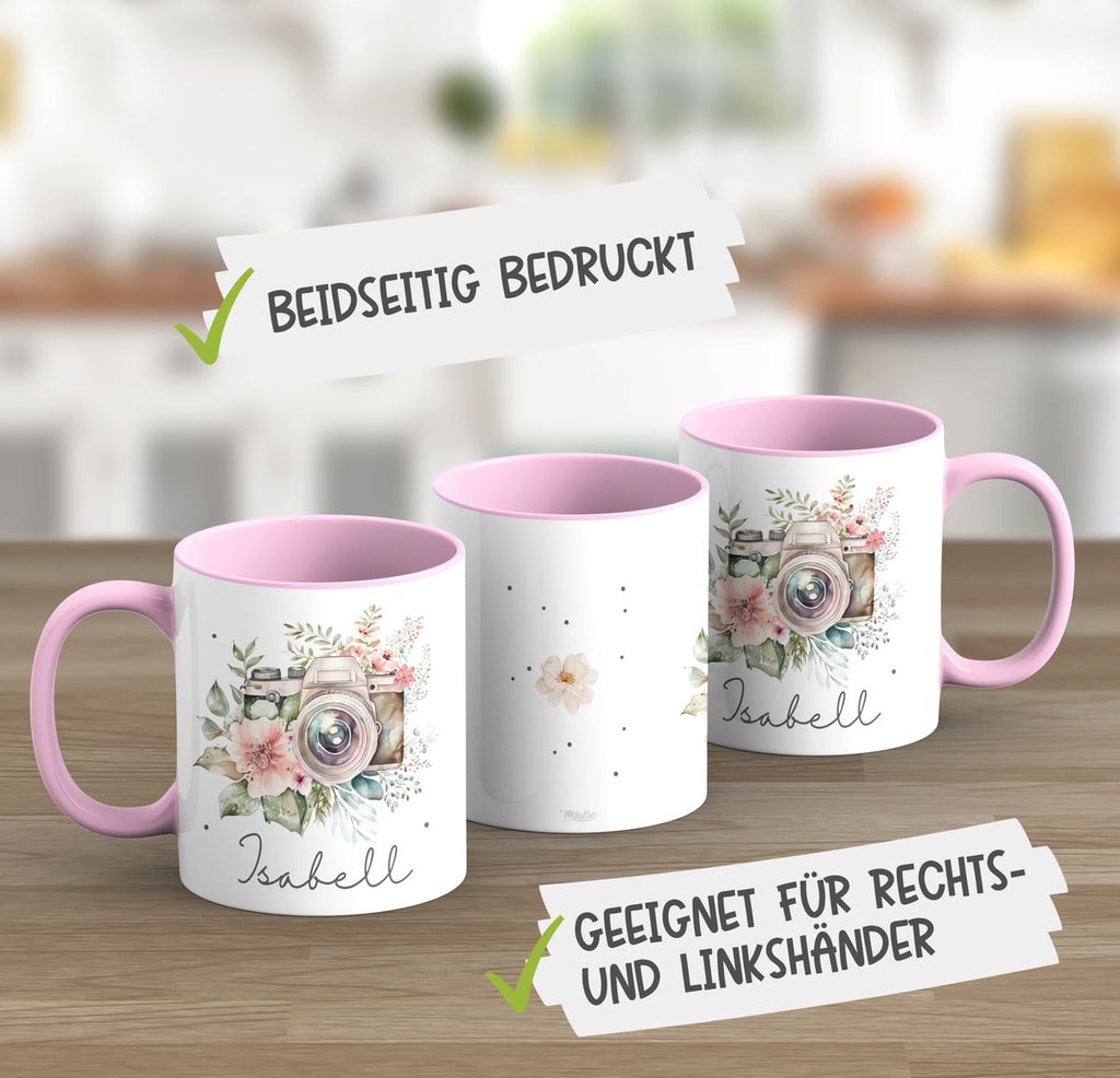 Keramik Tasse Kamera mit Blumen mit Wunschname - von Mikalino