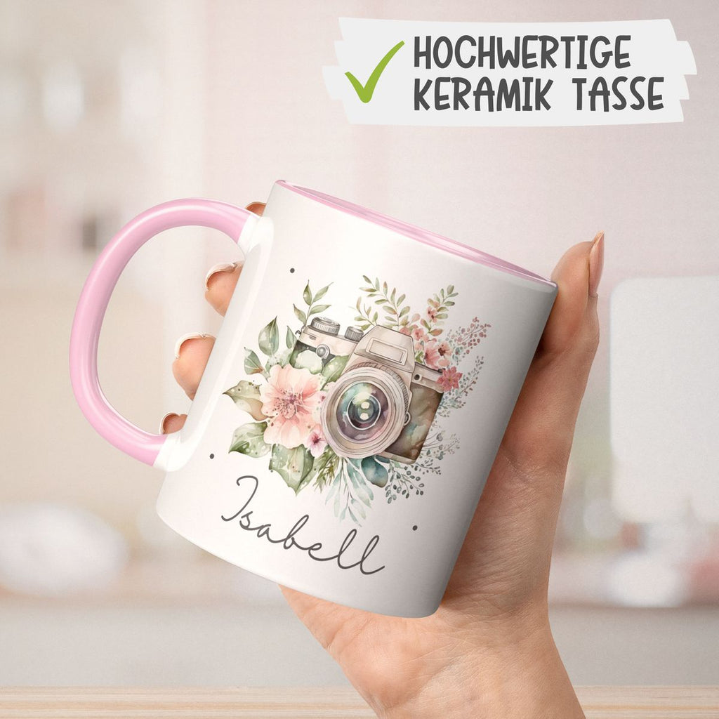 Keramik Tasse Kamera mit Blumen mit Wunschname - von Mikalino