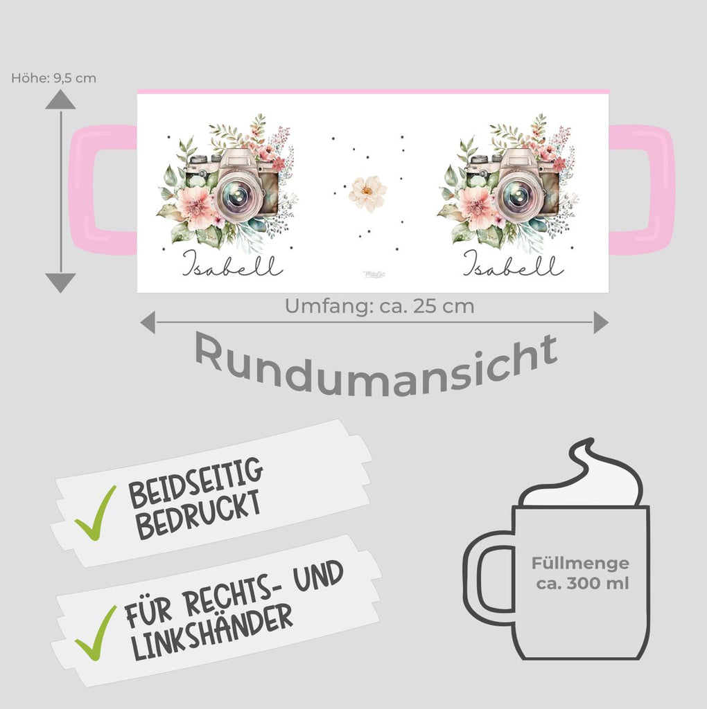 Keramik Tasse Kamera mit Blumen mit Wunschname - von Mikalino