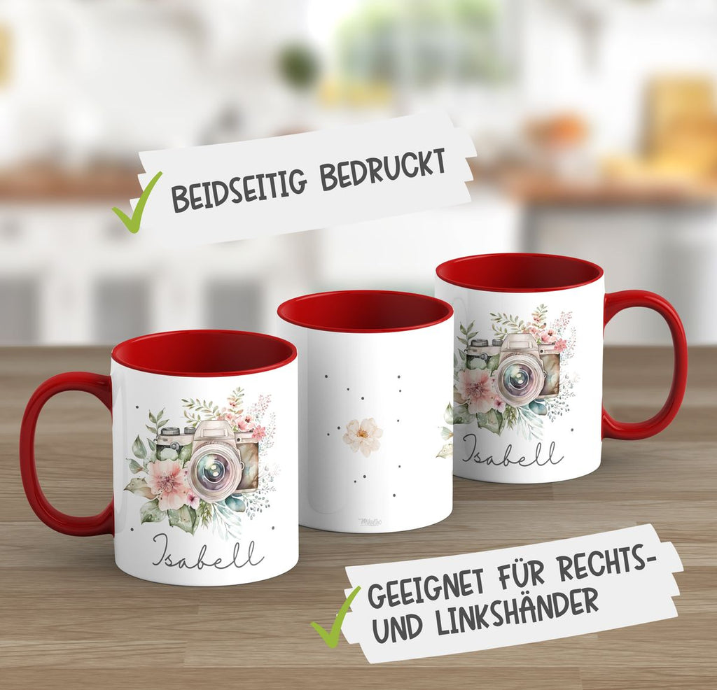 Keramik Tasse Kamera mit Blumen mit Wunschname - von Mikalino