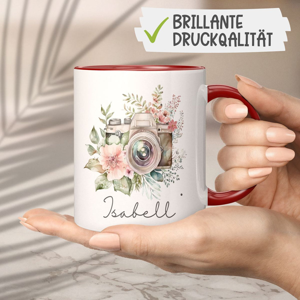 Keramik Tasse Kamera mit Blumen mit Wunschname - von Mikalino