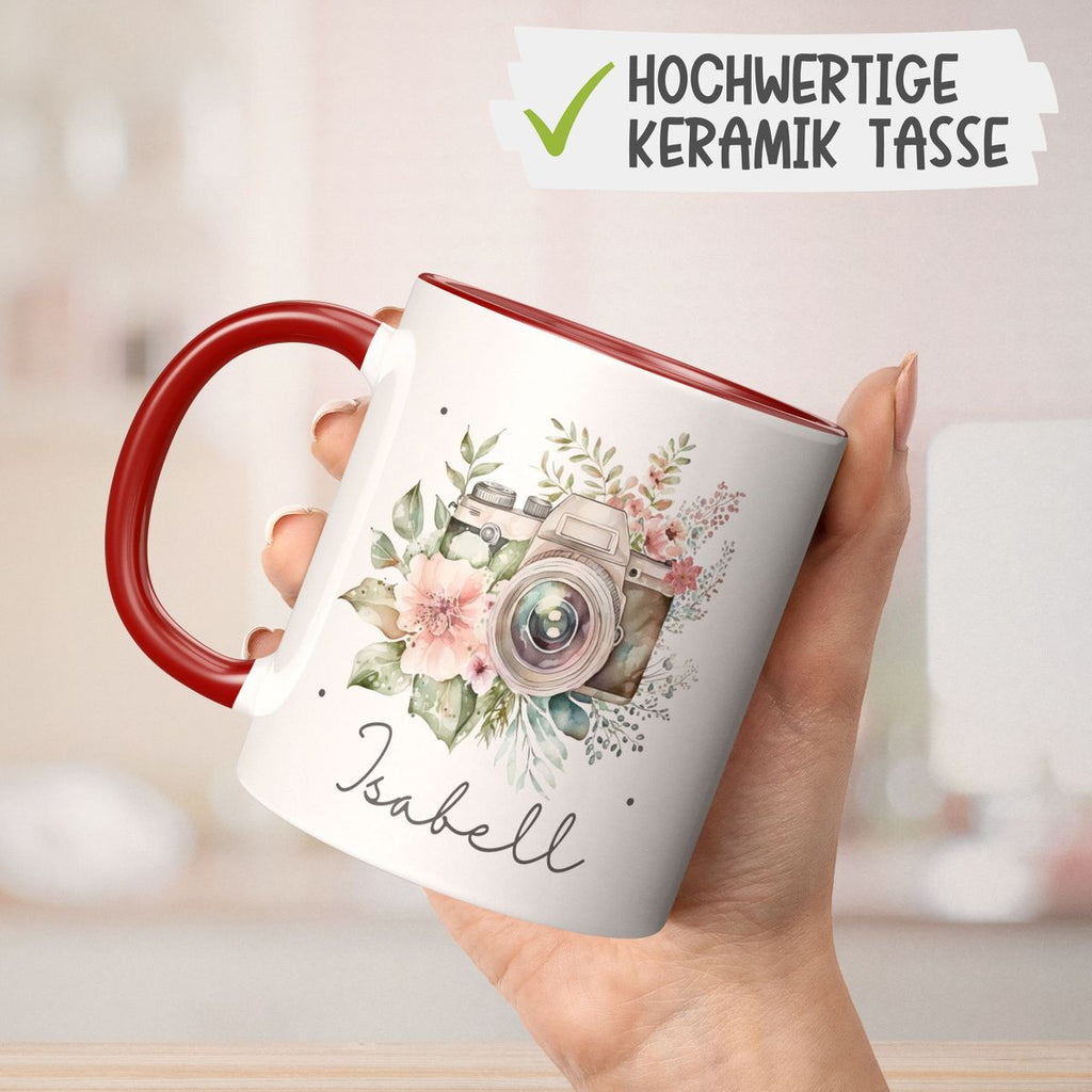 Keramik Tasse Kamera mit Blumen mit Wunschname - von Mikalino