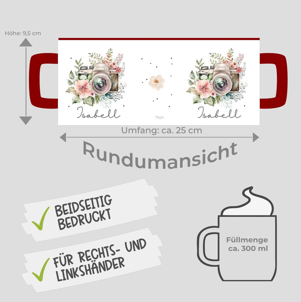 Keramik Tasse Kamera mit Blumen mit Wunschname - von Mikalino