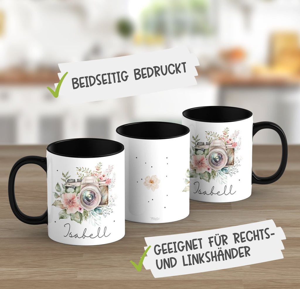 Keramik Tasse Kamera mit Blumen mit Wunschname - von Mikalino