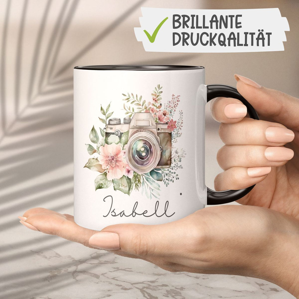 Keramik Tasse Kamera mit Blumen mit Wunschname - von Mikalino