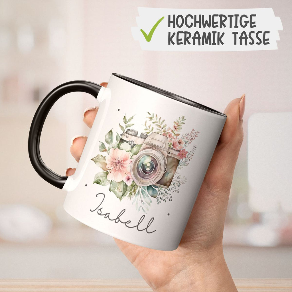 Keramik Tasse Kamera mit Blumen mit Wunschname - von Mikalino