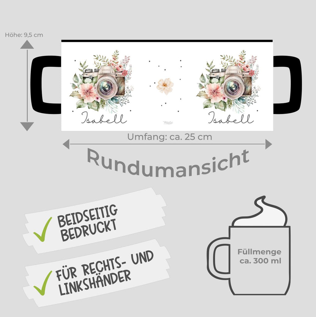 Keramik Tasse Kamera mit Blumen mit Wunschname - von Mikalino