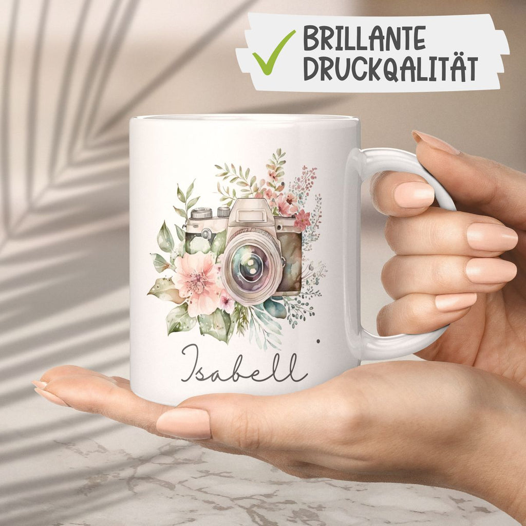 Keramik Tasse Kamera mit Blumen mit Wunschname - von Mikalino