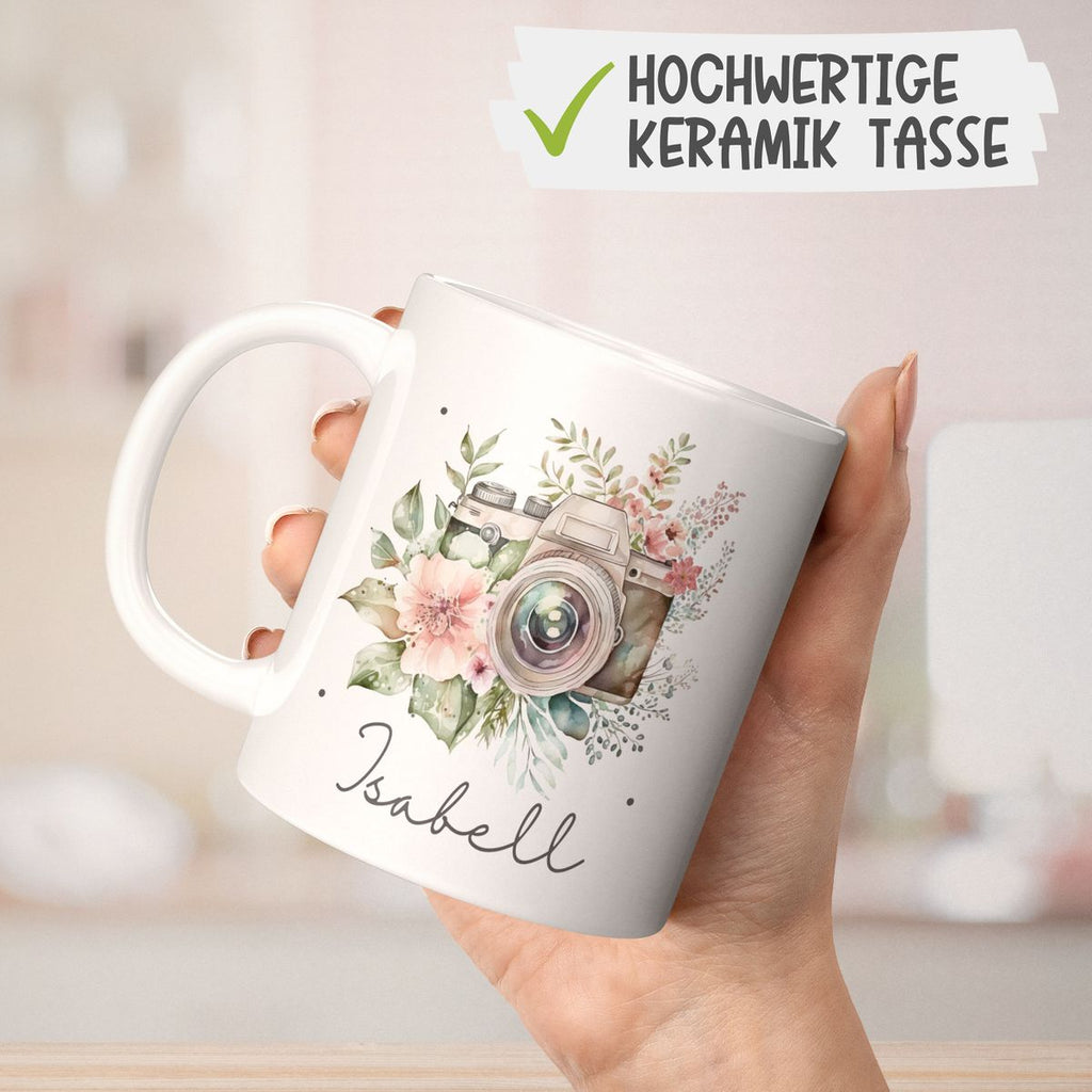 Keramik Tasse Kamera mit Blumen mit Wunschname - von Mikalino