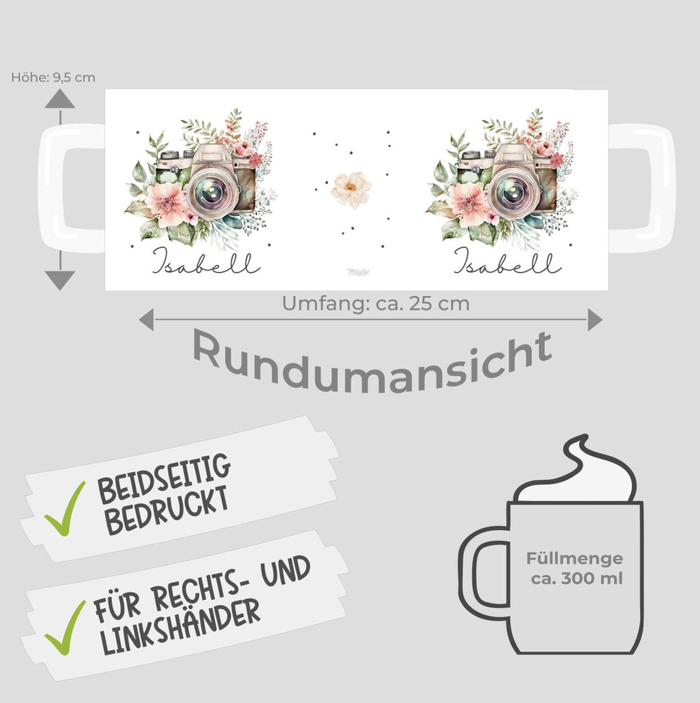 Keramik Tasse Kamera mit Blumen mit Wunschname - von Mikalino