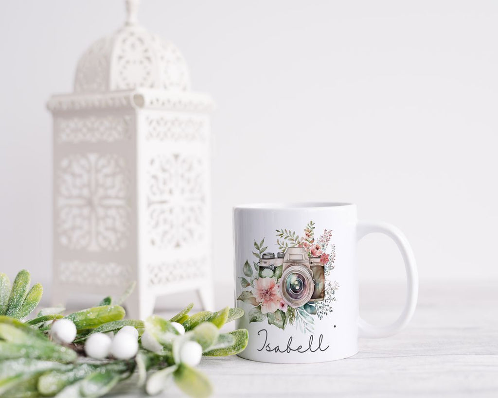 Keramik Tasse Kamera mit Blumen mit Wunschname - von Mikalino