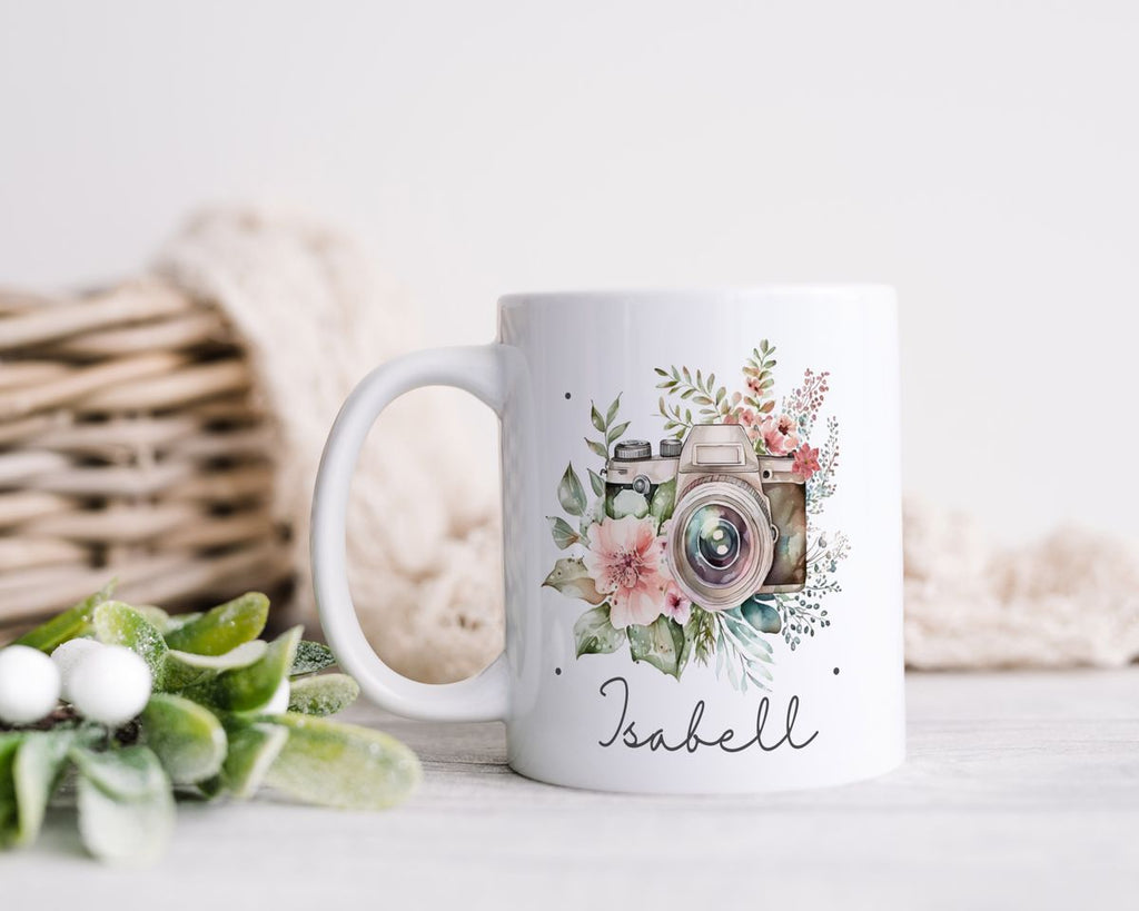 Keramik Tasse Kamera mit Blumen mit Wunschname - von Mikalino