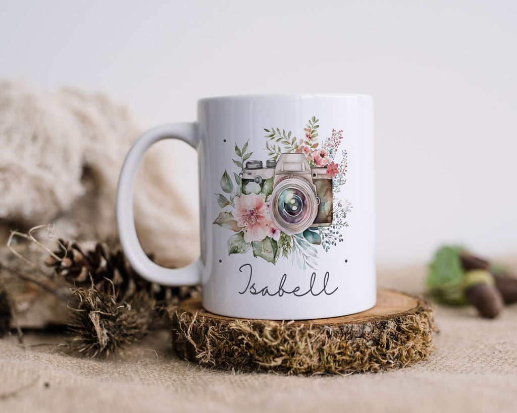 Keramik Tasse Kamera mit Blumen mit Wunschname - von Mikalino