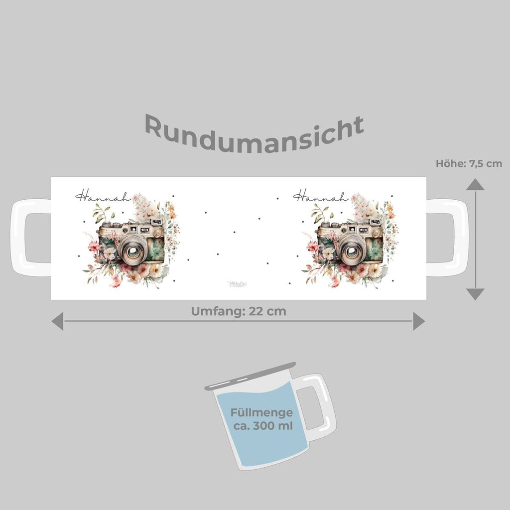 Emaille Tasse Kamera mit Blumen mit Wunschname - von Mikalino