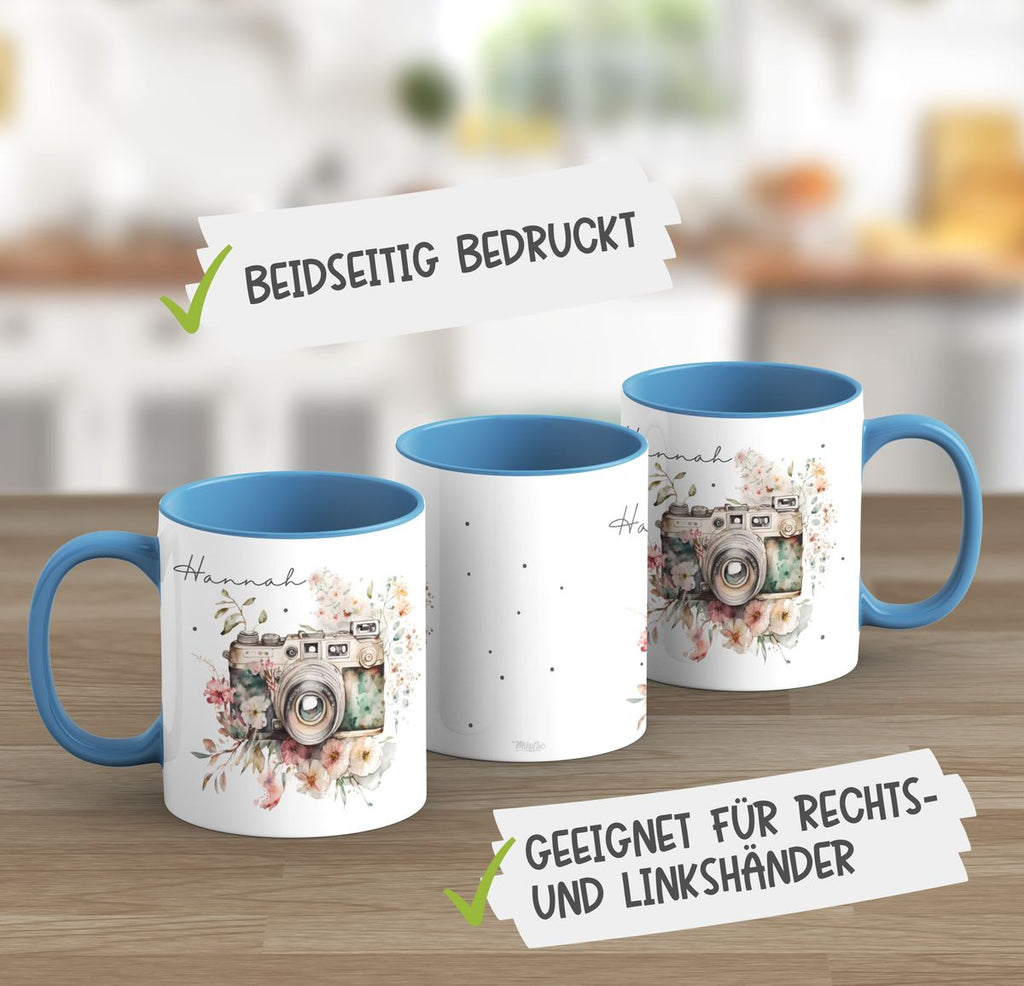 Keramik Tasse Kamera mit Blumen mit Wunschname - von Mikalino