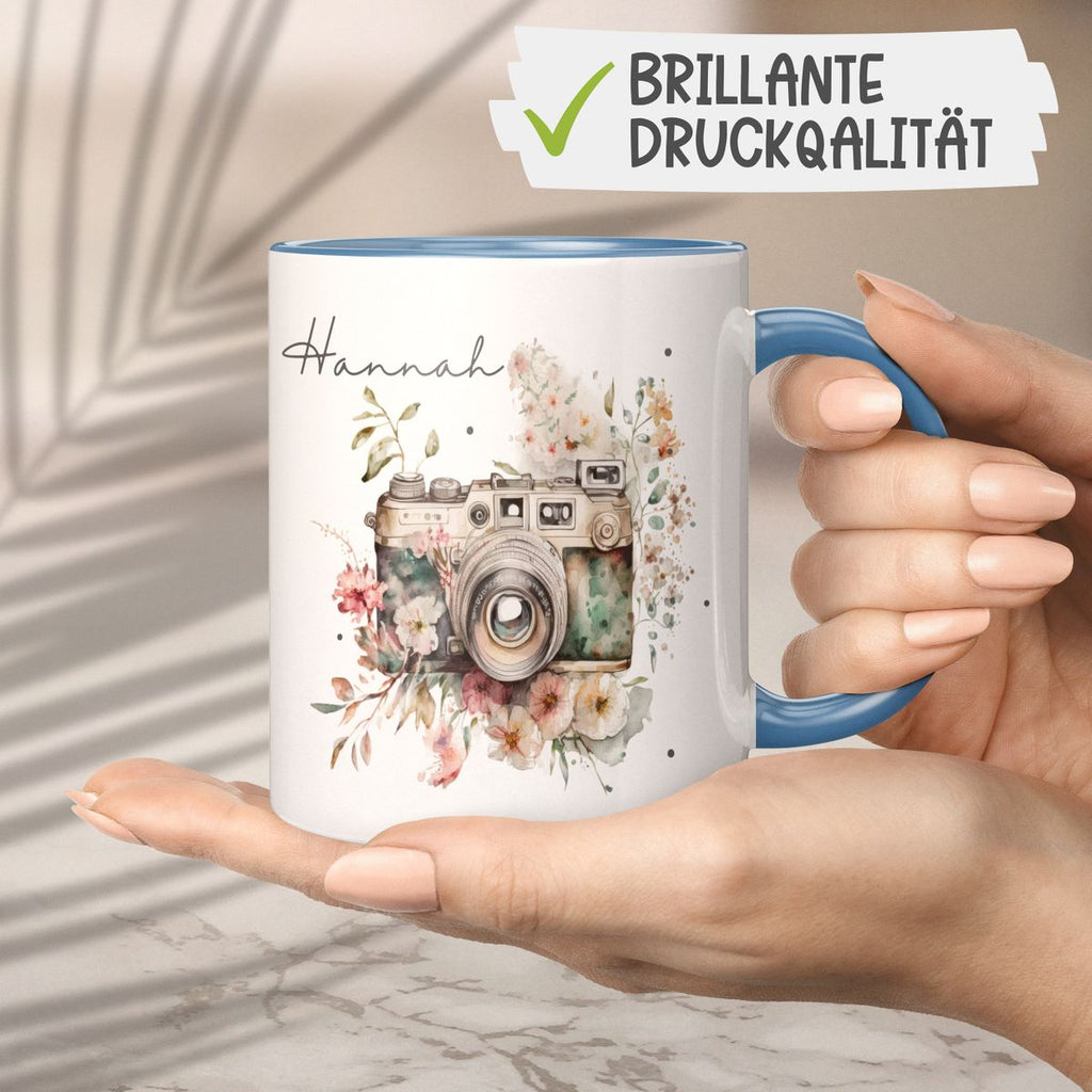 Keramik Tasse Kamera mit Blumen mit Wunschname - von Mikalino