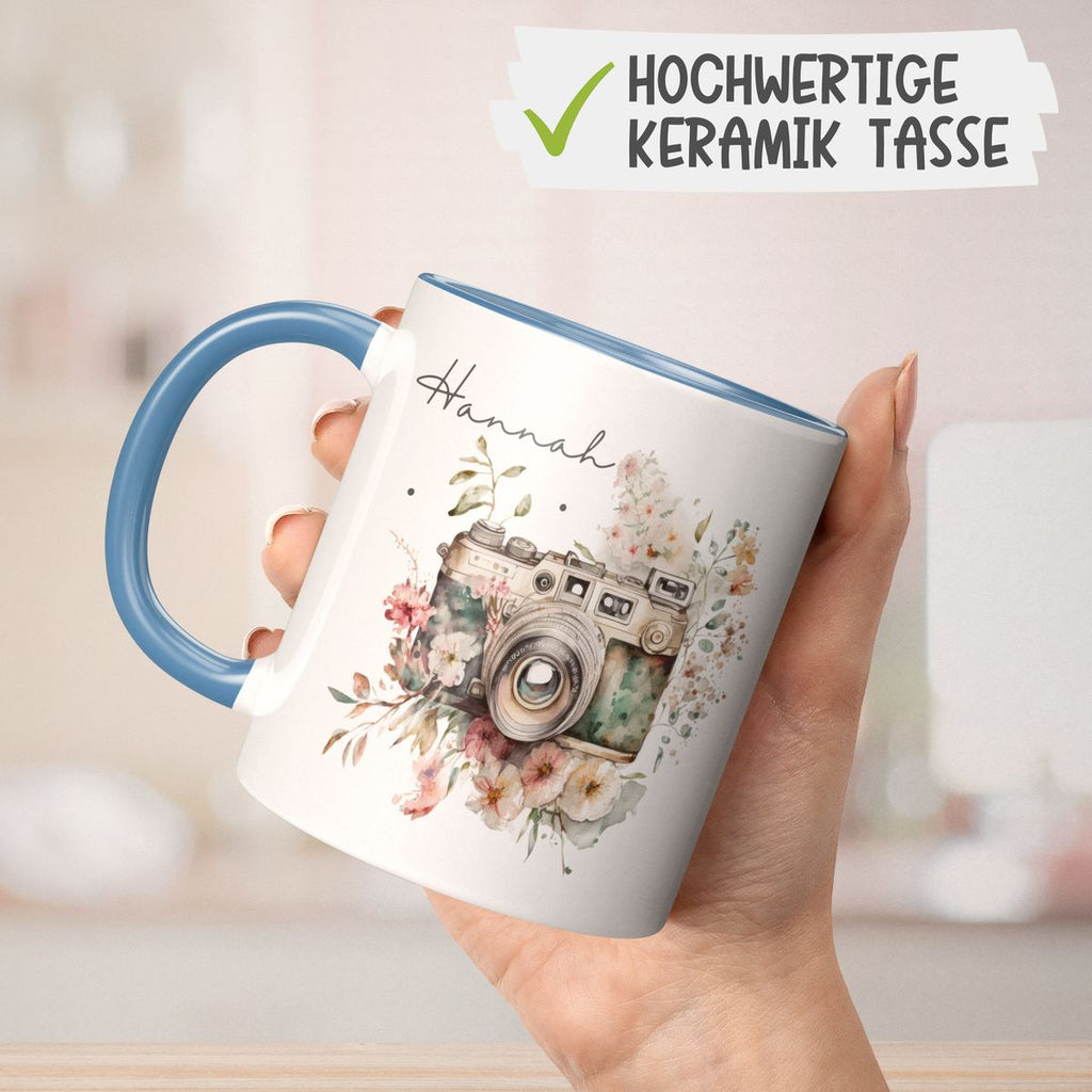 Keramik Tasse Kamera mit Blumen mit Wunschname - von Mikalino