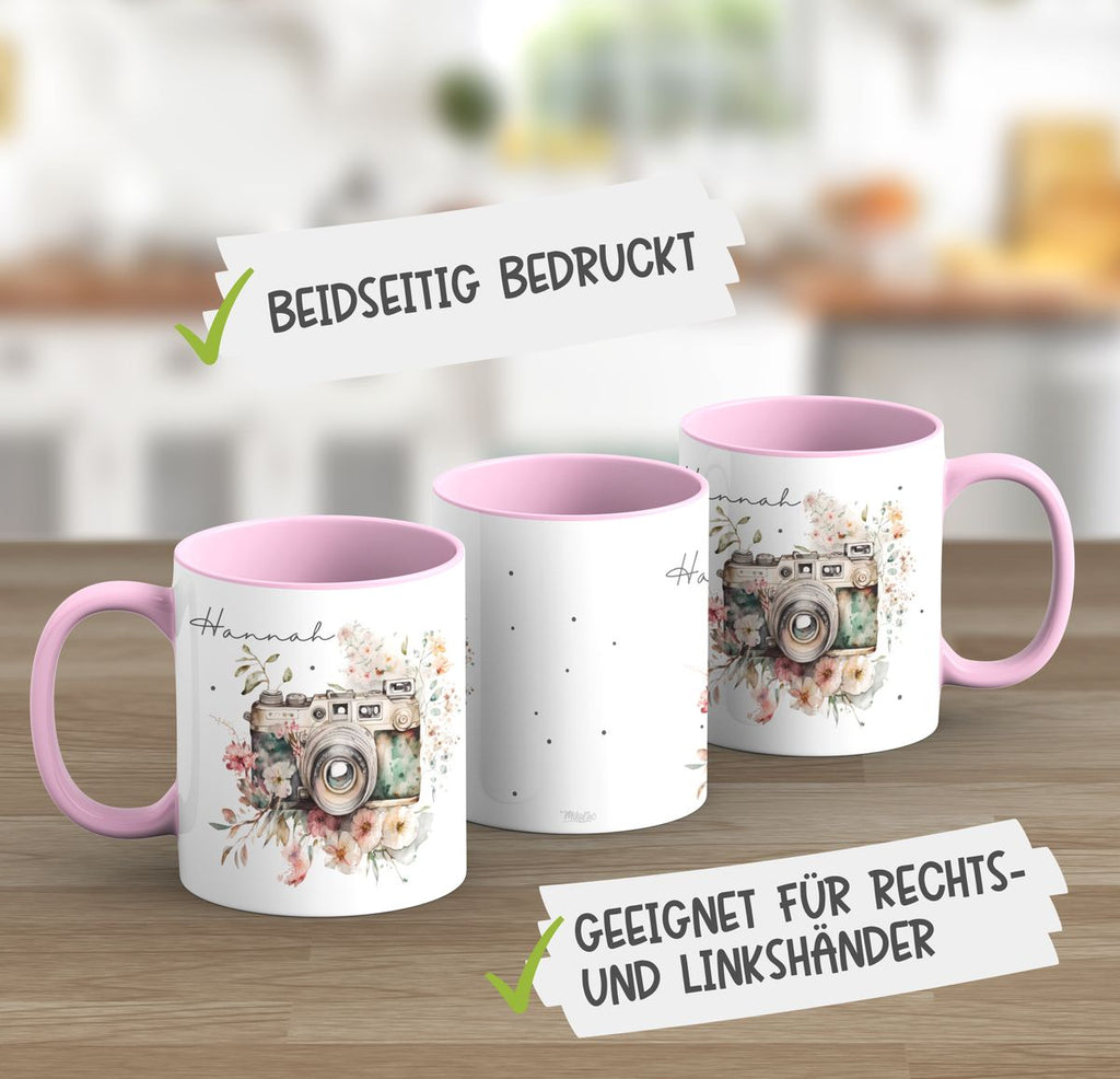 Keramik Tasse Kamera mit Blumen mit Wunschname - von Mikalino