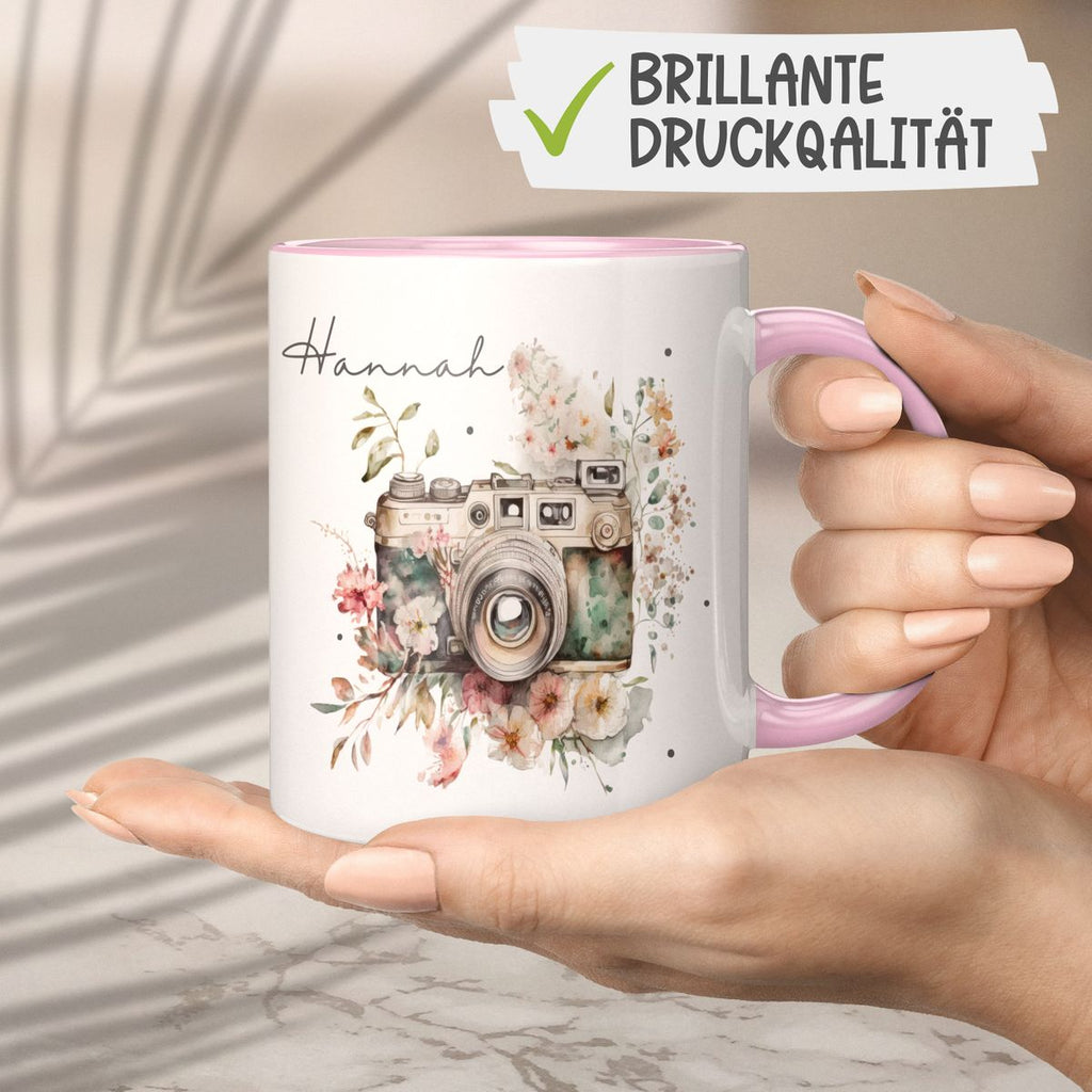 Keramik Tasse Kamera mit Blumen mit Wunschname - von Mikalino