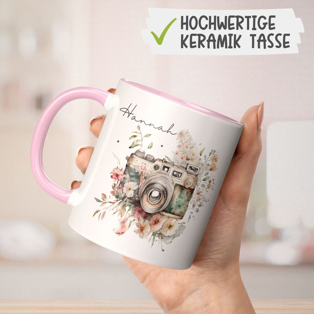 Keramik Tasse Kamera mit Blumen mit Wunschname - von Mikalino