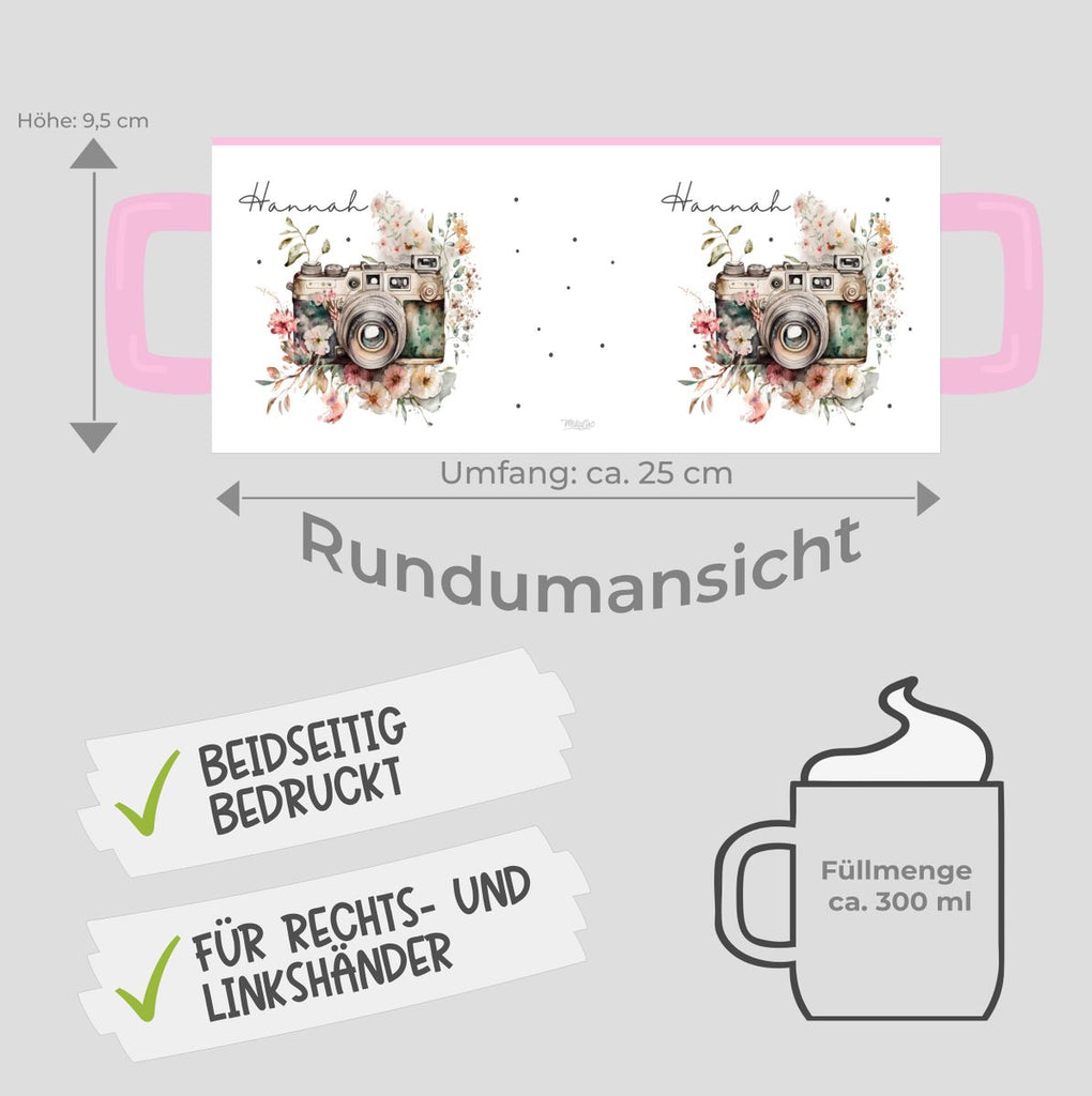 Keramik Tasse Kamera mit Blumen mit Wunschname - von Mikalino