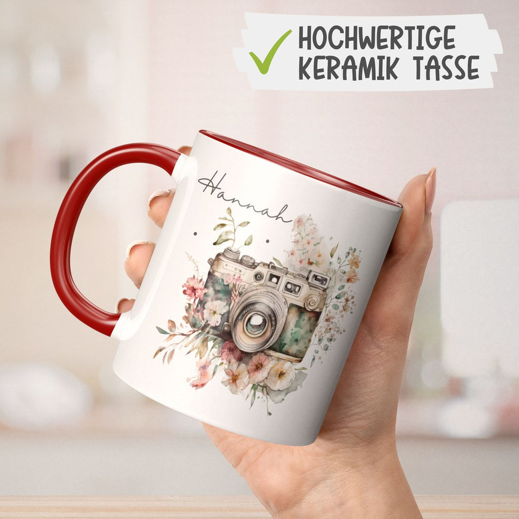 Keramik Tasse Kamera mit Blumen mit Wunschname - von Mikalino