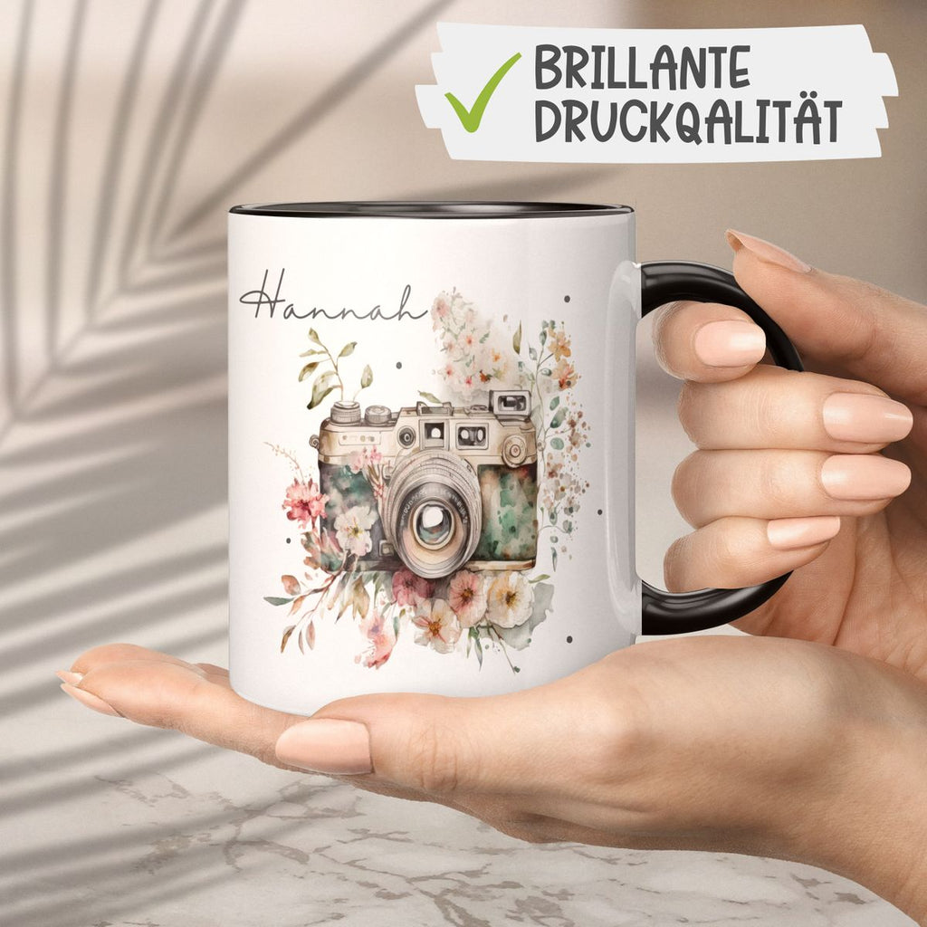 Keramik Tasse Kamera mit Blumen mit Wunschname - von Mikalino