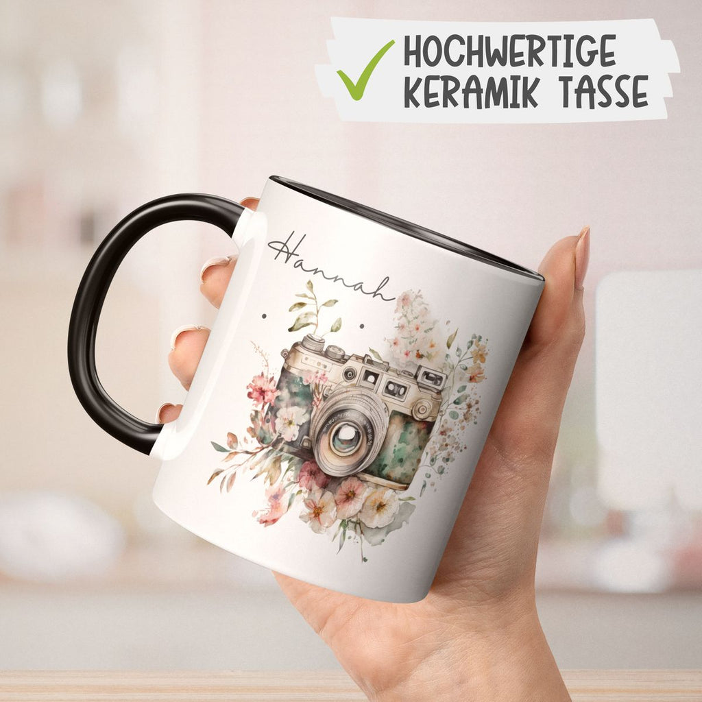 Keramik Tasse Kamera mit Blumen mit Wunschname - von Mikalino