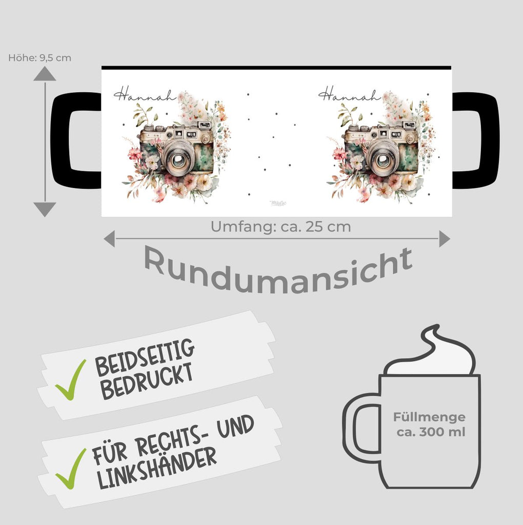 Keramik Tasse Kamera mit Blumen mit Wunschname - von Mikalino