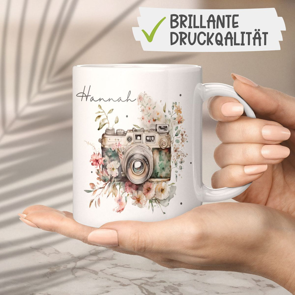 Keramik Tasse Kamera mit Blumen mit Wunschname - von Mikalino