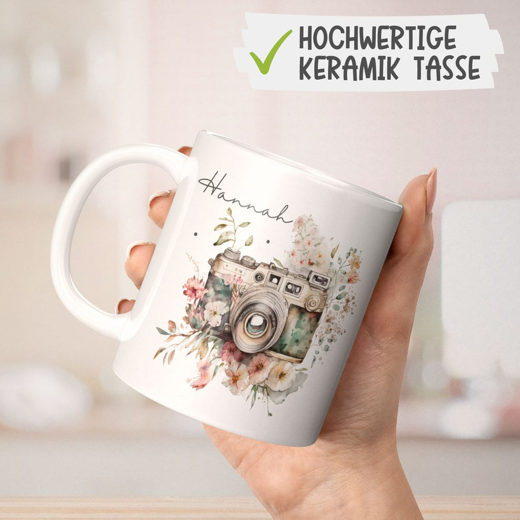 Keramik Tasse Kamera mit Blumen mit Wunschname - von Mikalino