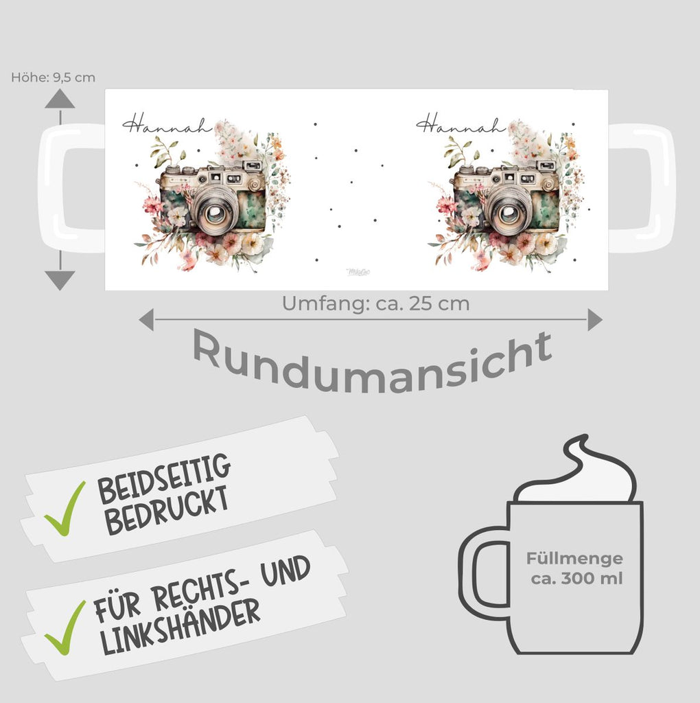 Keramik Tasse Kamera mit Blumen mit Wunschname - von Mikalino