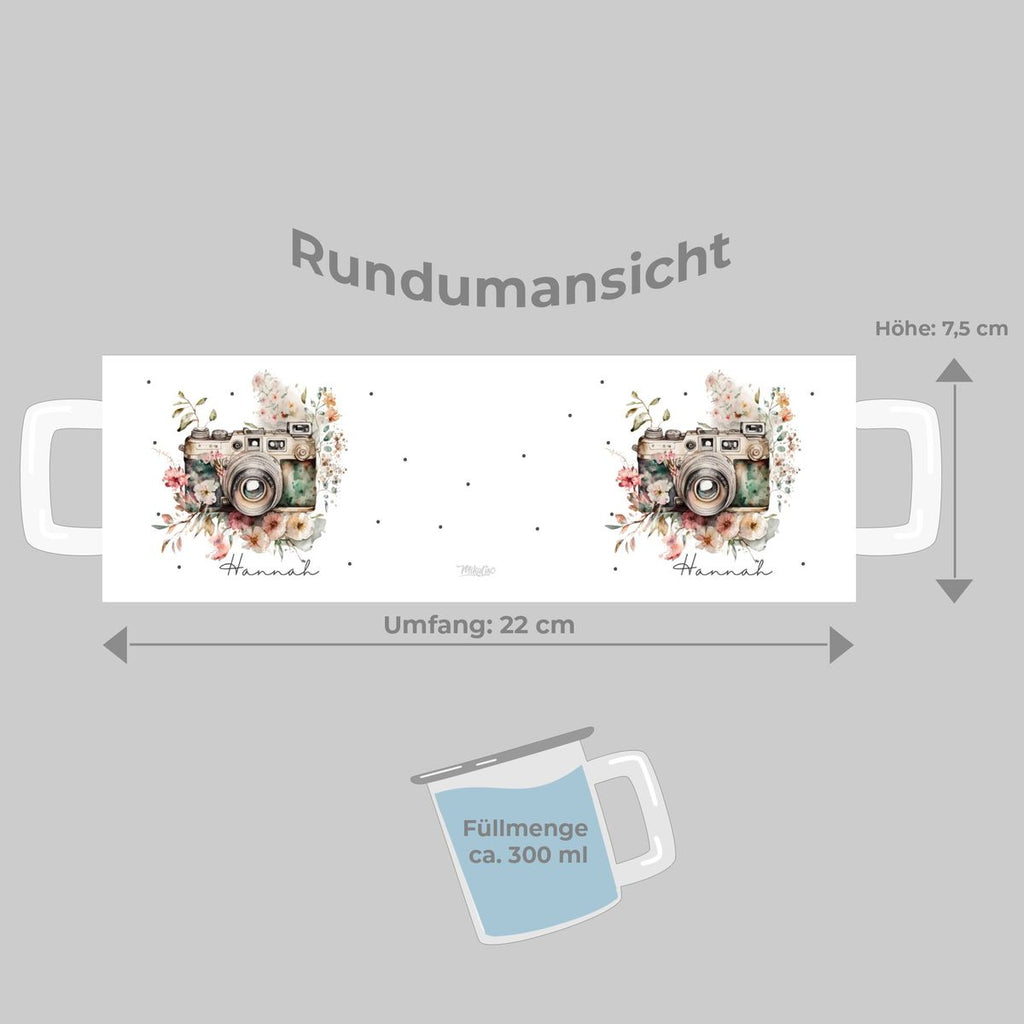 Emaille Tasse Kamera mit Blumen mit Wunschname - von Mikalino